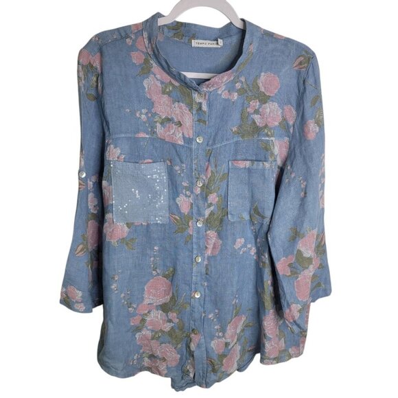 Tempo Paris Floral Linen Button Down Top  XL Summer Beachy Lagenlook Artsy - Picture 1 of 6